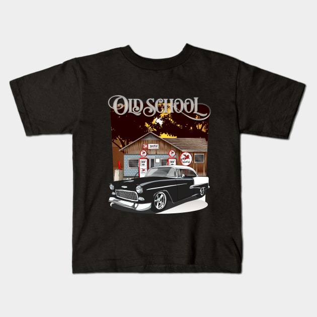 1955 Black Chevy Bel Air Old School Print Kids T-Shirt by RPM-ART